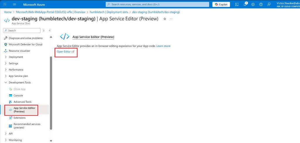 Screenshot: Note: Make sure you are on the staging slot blade (instead of the production slot)