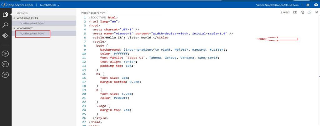 Screenshot: In the App Service Editor, select hostingstart.html. Edit the default web page to your own. For this Demo