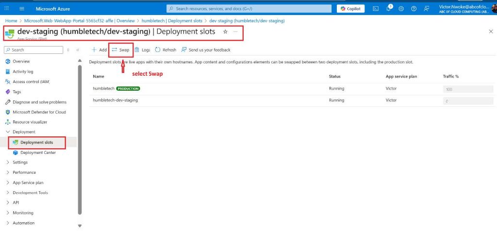 Screenshot: Navigate back to the Deployment slots blade, and then select Swap