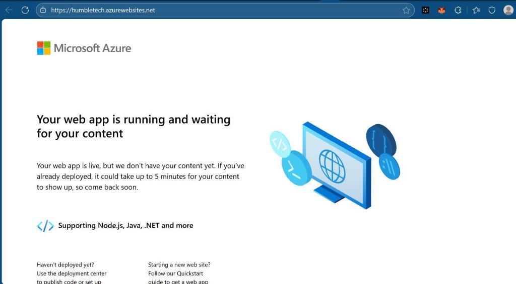 Screenshot: On the blade of the newly deployed Web App, click the Default domain link to display the Default web page in (screenshot 2)