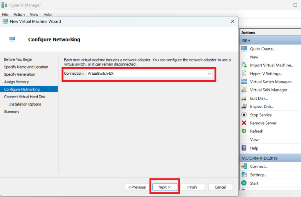 Screenshot: → Select and connect it to the same virtual switch as the Domain Controller for network visibility (screenshot 2)