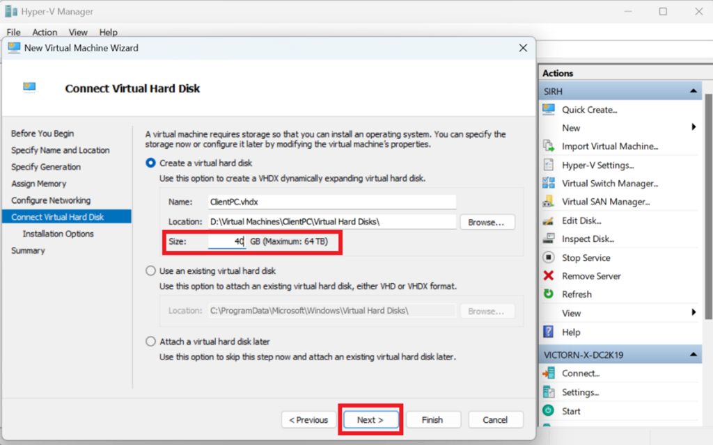 Screenshot: → Create a new virtual hard disk (e.g., 40GB or more) → choose and install a Windows 10 ISO