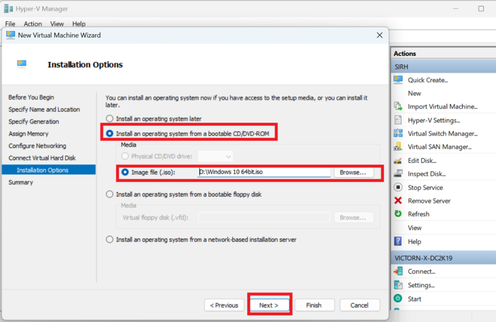 Screenshot: → Create a new virtual hard disk (e.g., 40GB or more) → choose and install a Windows 10 ISO (screenshot 2)