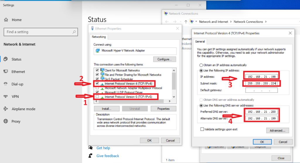 Screenshot: Configured DNS to point to the Domain Controller’s IP address (e.g., 192.168.21.200) (screenshot 2)