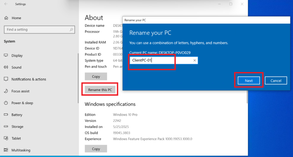 Screenshot: Opened System Settings → Changed PC name (ClientPC-01) (screenshot 2)