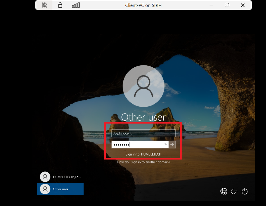 Screenshot: Logged in with the domain user account