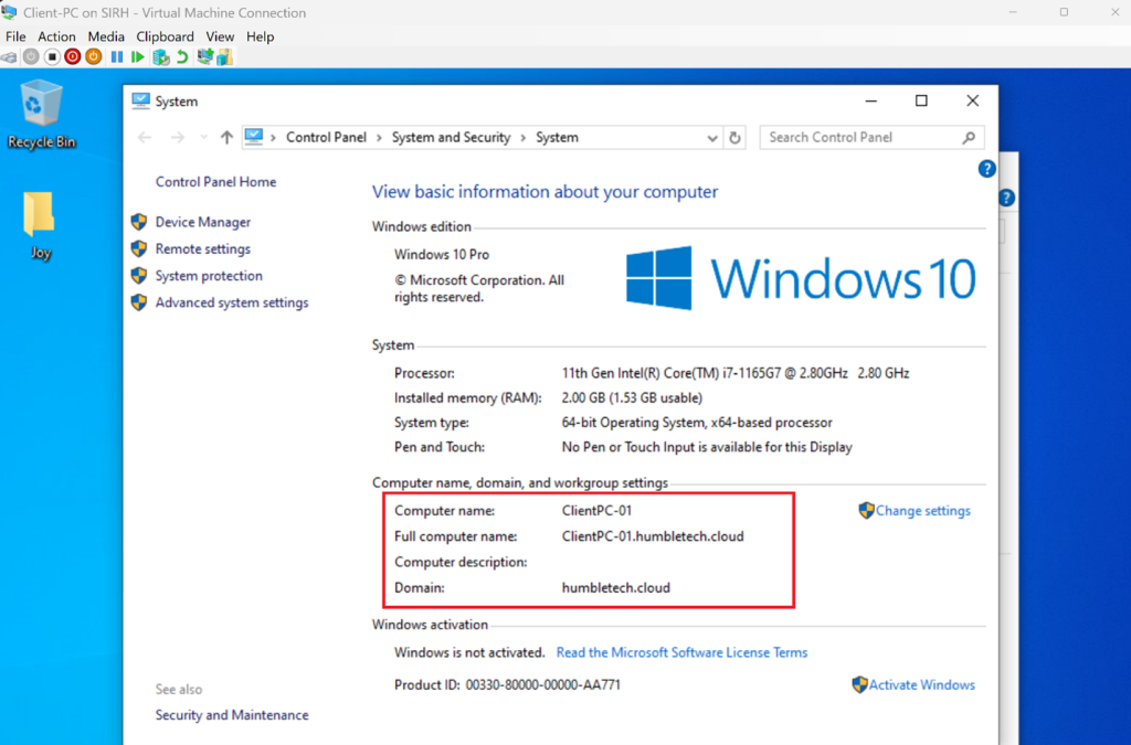 Screenshot: Logged in with the domain user account (screenshot 3)