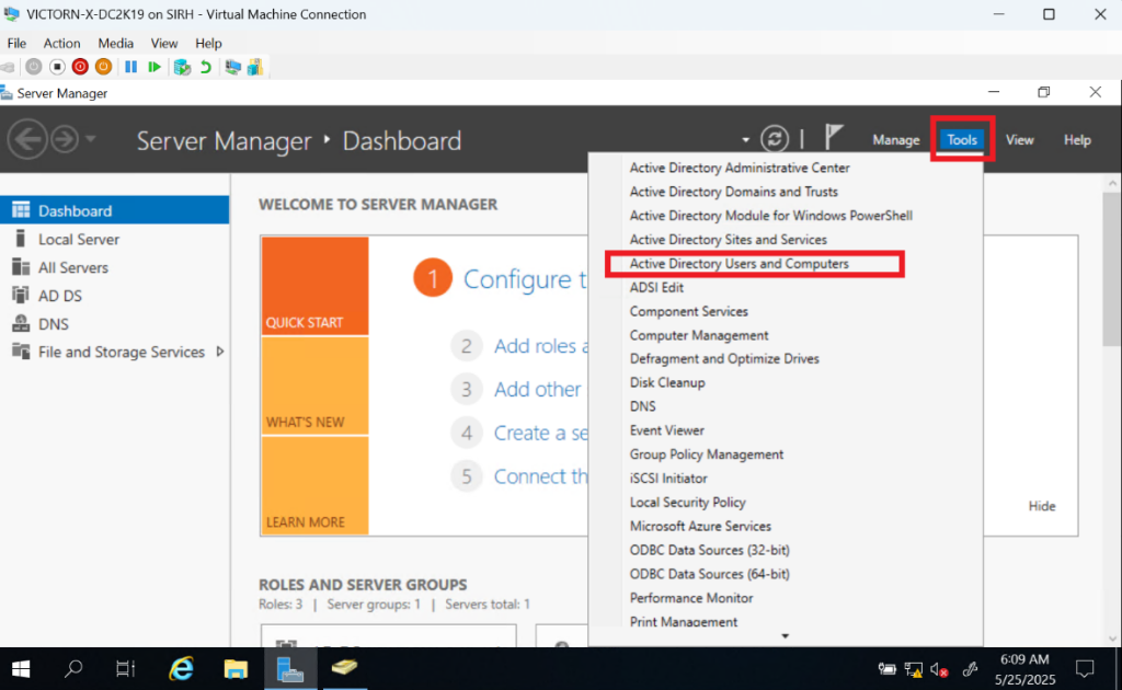 Screenshot: Confirmed in Active Directory Users and Computers (ADUC) that the machine appeared under Computers