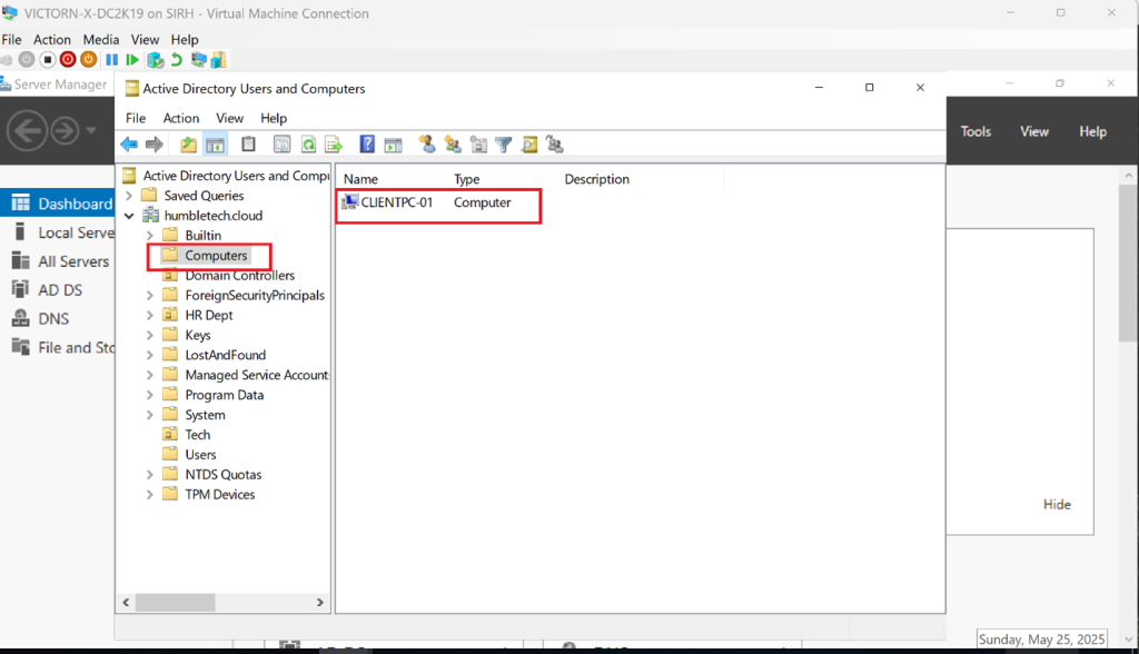 Screenshot: Confirmed in Active Directory Users and Computers (ADUC) that the machine appeared under Computers (screenshot 2)