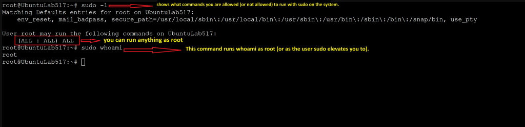 Terminal output of sudo -l and sudo whoami confirming sudo privileges