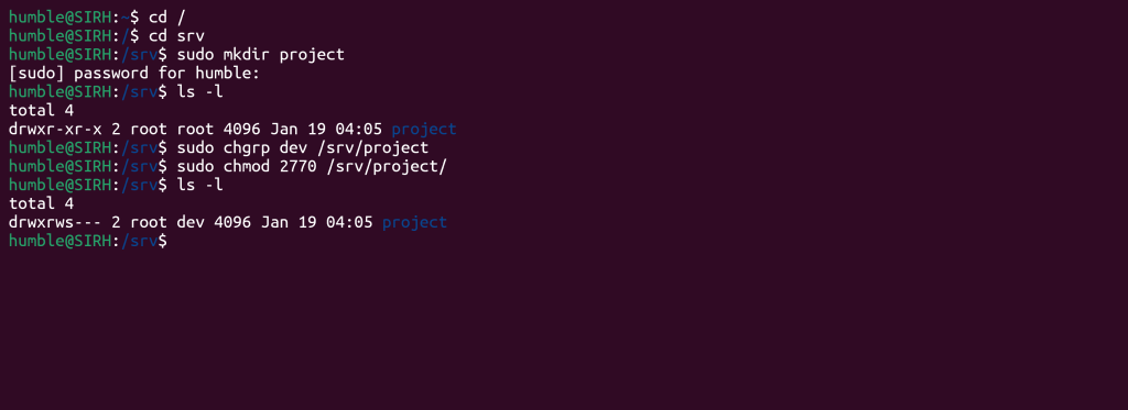 Terminal output showing group ownership and setgid permissions applied to /srv/project with chmod 2770