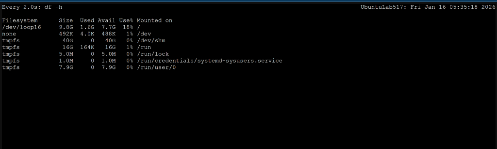 Terminal output of df -h showing filesystem sizes, usage, and mount points