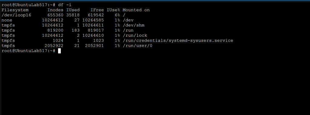 Terminal output of df -i showing inode usage per filesystem