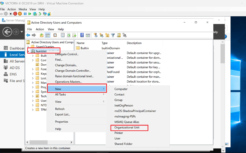 Screenshot: Right-click the domain (humbletech.cloud) → New → Organizational Unit