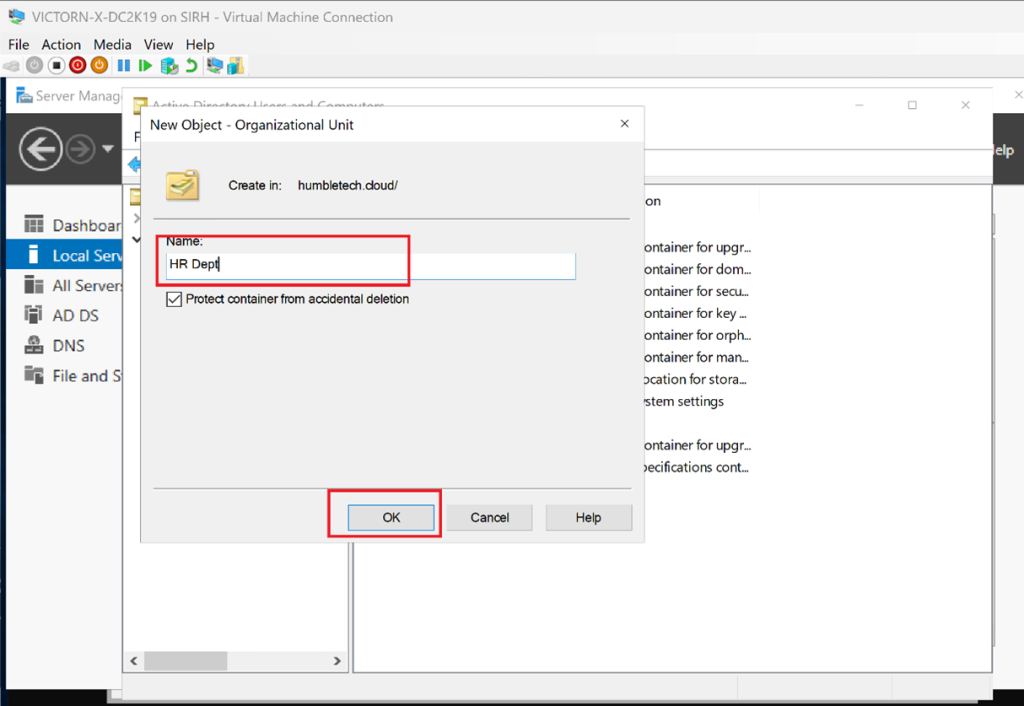 Screenshot: Name the OU (e.g., HR Dept) → Click OK