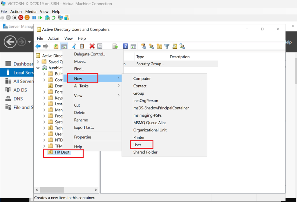 Screenshot: Right-click the OU → New → User