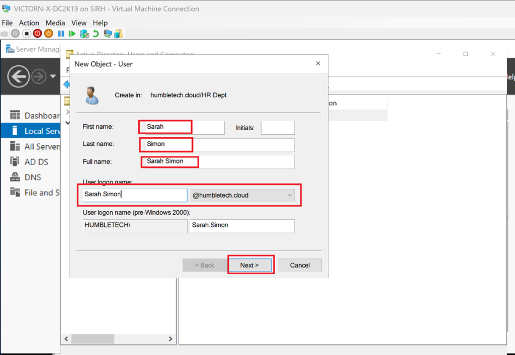 Screenshot: Fill in the First Name, Last Name, and User Logon Name