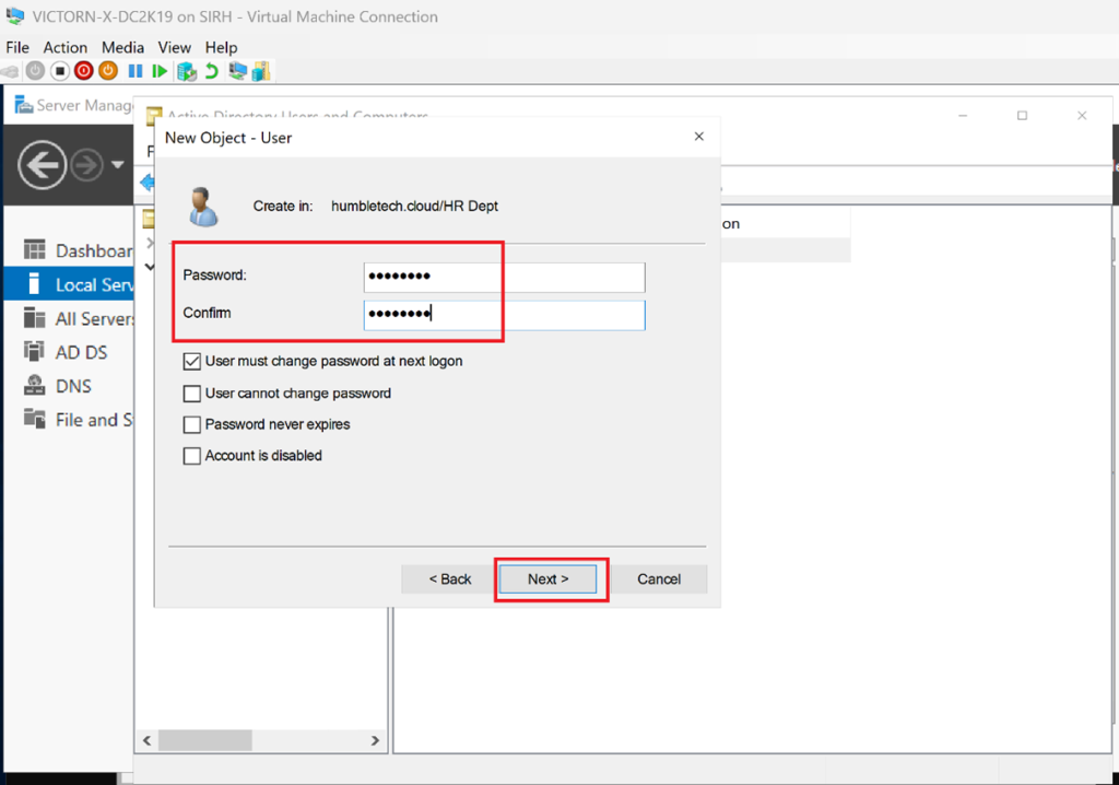 Screenshot: Set a password and configure account settings