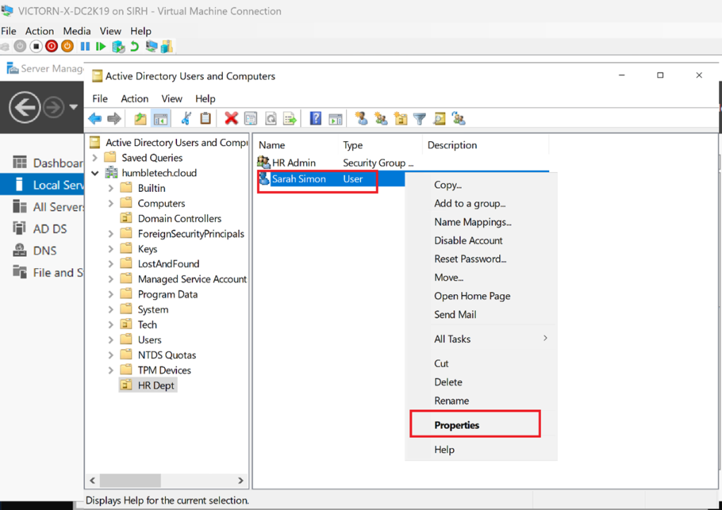 Screenshot: After creation, right-click the user → Properties