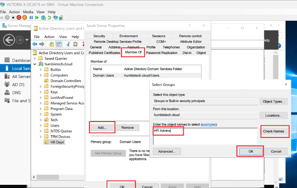 Screenshot: Search and select the group (e.g., HR Admins) → Click OK