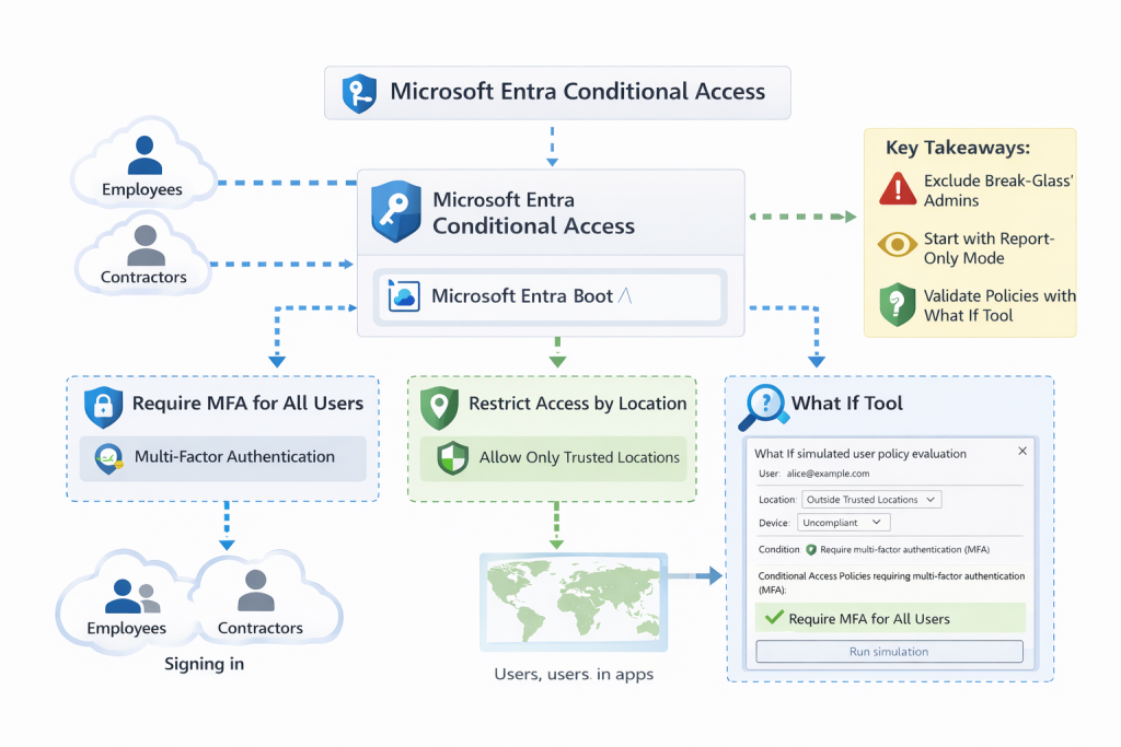 Diagram of the Conditional Access flow: a sign-in is evaluated against MFA and location policies before access is granted