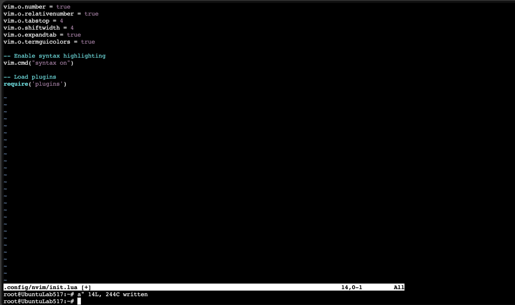 Screenshot: touch ~/.config/nvim/init.lua (screenshot 2)