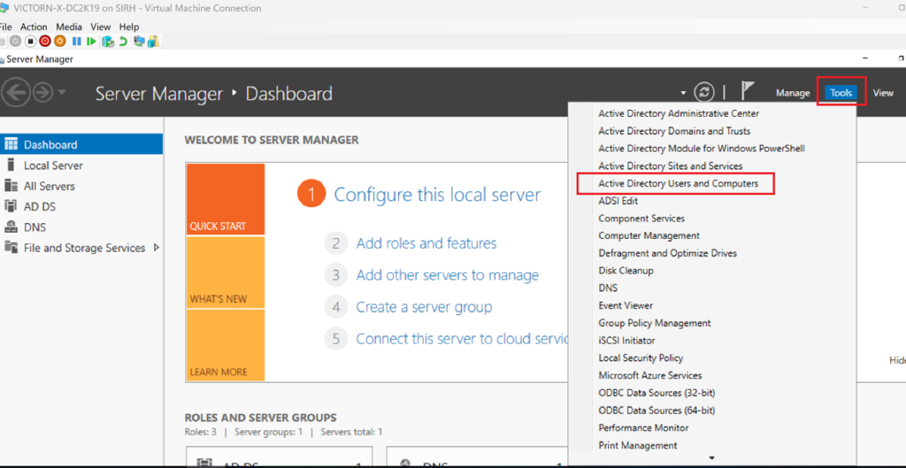 Screenshot: Go to Server Manager → Tools → Use Active Directory Users and Computers (ADUC)