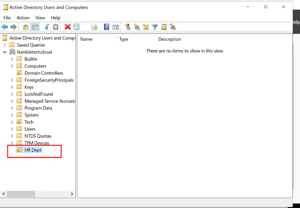 Screenshot: Name the OU (e.g., HR Dept) → Click OK (screenshot 2)