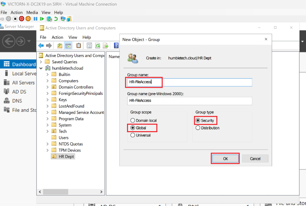 Screenshot: Enter the group name (e.g., HR-FileAccess) →Choose group scope (e.g., Global) and type (e.g., Security) (screenshot 2)