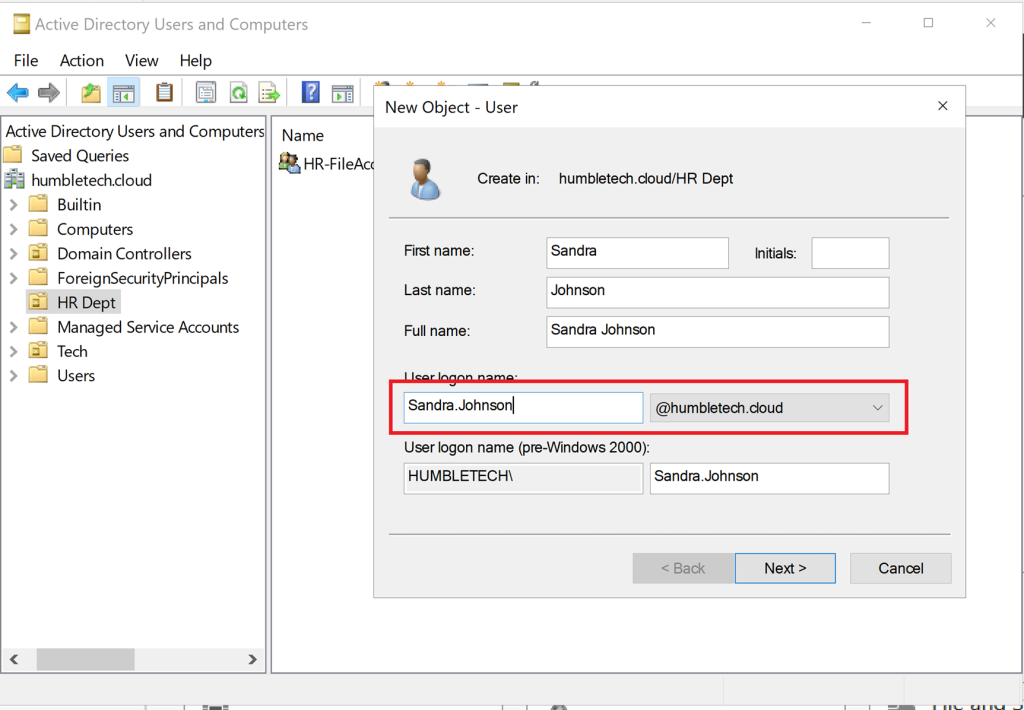Screenshot: Fill in the First Name, Last Name, and User Logon Name → Set a password (screenshot 2)