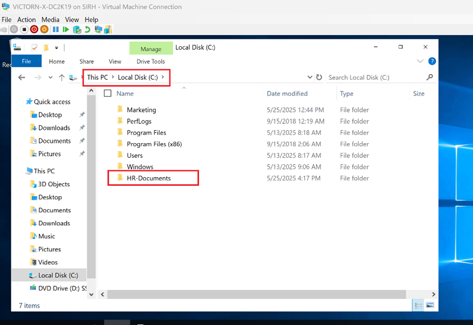Screenshot: Create a folder (e.g., C:\HR-Documents on the VICTORN-X-DC2K19 server)