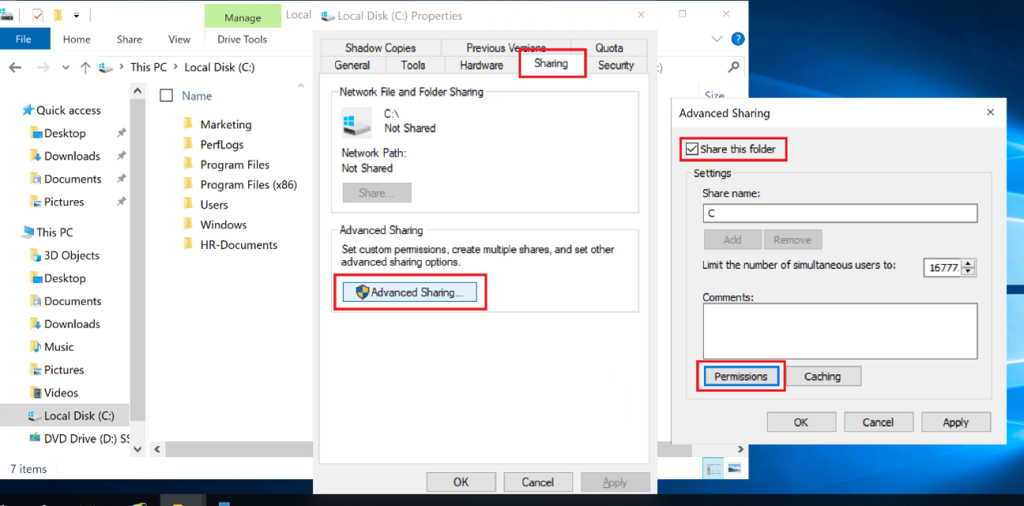 Screenshot: Click Permissions and assign Everyone: Read or custom settings (screenshot 2)