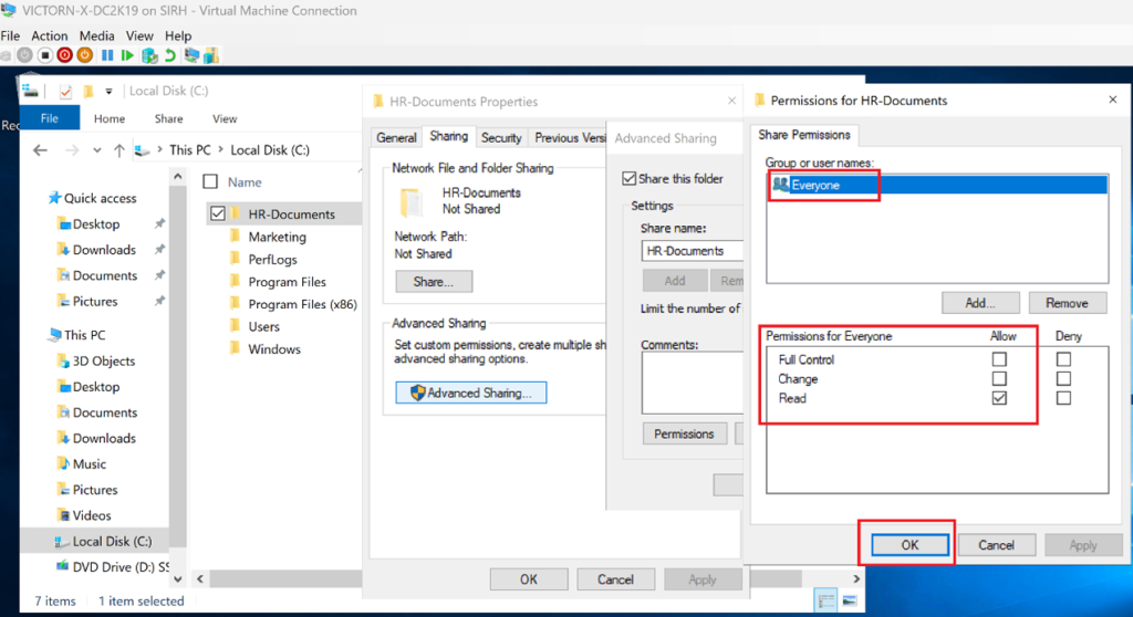 Screenshot: Click Permissions and assign Everyone: Read or custom settings (screenshot 3)