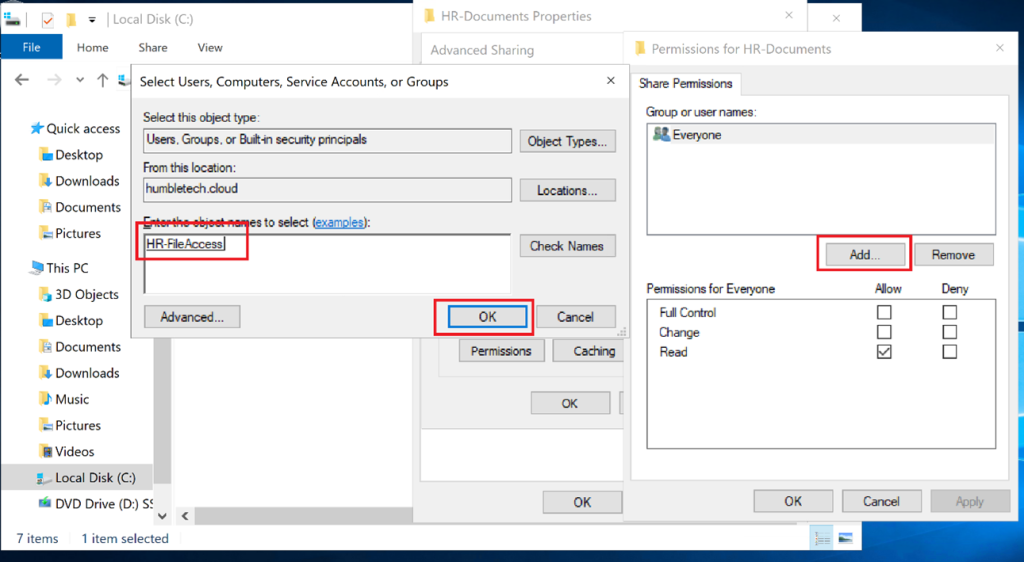 Screenshot: Share Permissions dialog granting Full Control at the share level; NTFS permissions enforce the effective access boundary