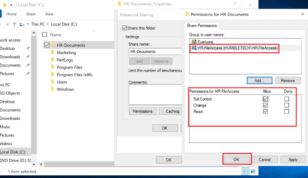 Screenshot: Share Permissions dialog granting Full Control at the share level; NTFS permissions enforce the effective access boundary (screenshot 2)