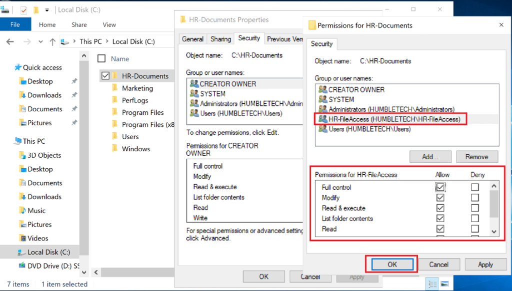 Screenshot: Apply the desired NFTS permissions