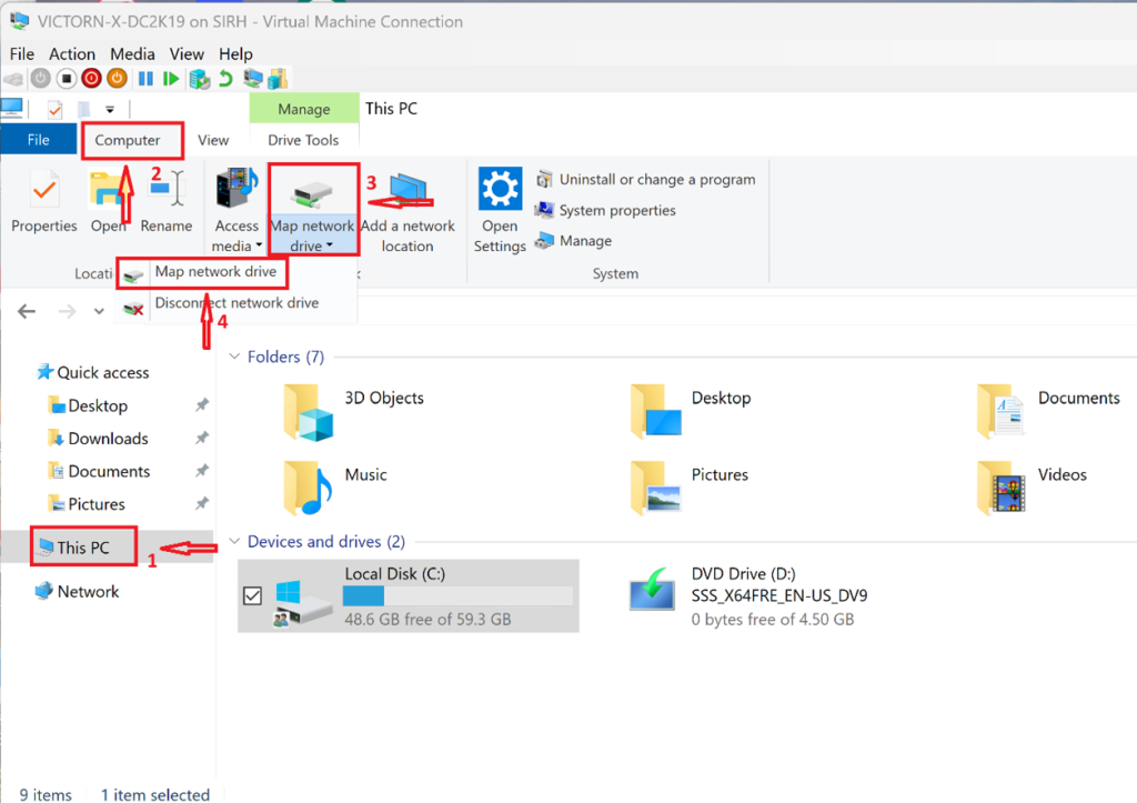 Screenshot: Map a Drive to the shared folder path (e.g., G: drive to \VICTORN-X-DC2K19\HR-Documents)