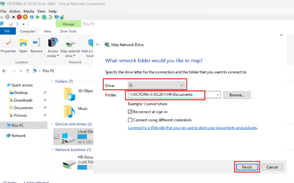 Screenshot: Map a Drive to the shared folder path (e.g., G: drive to \VICTORN-X-DC2K19\HR-Documents) (screenshot 2)