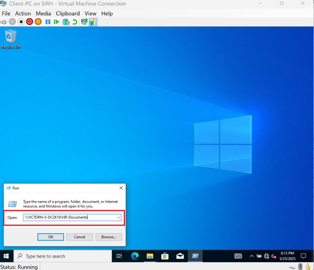 Screenshot: Use Run to open \VICTORN-X-DC2K19\HR-Documents to confirm the HR Dept can access the Shared Folder on the network location (screenshot 2)