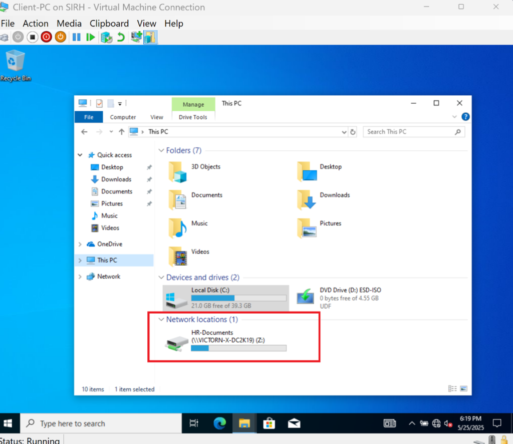 Screenshot: Use Run to open \VICTORN-X-DC2K19\HR-Documents to confirm the HR Dept can access the Shared Folder on the network location (screenshot 3)