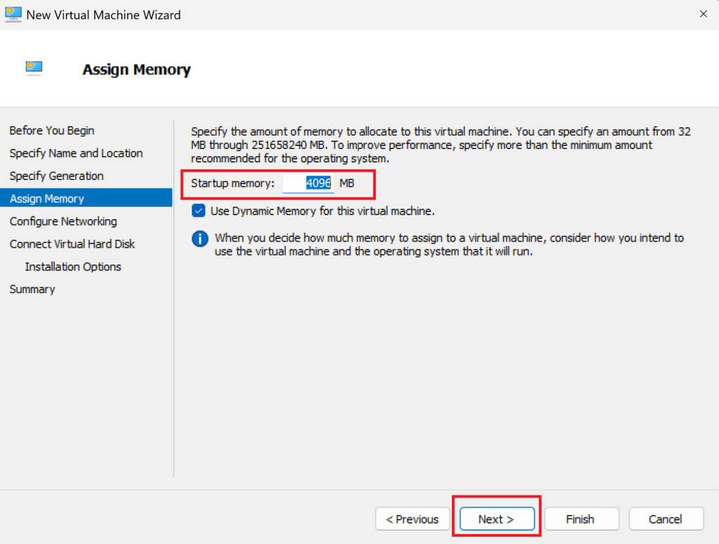 Screenshot: Assign Memory (start with 4 GB)
