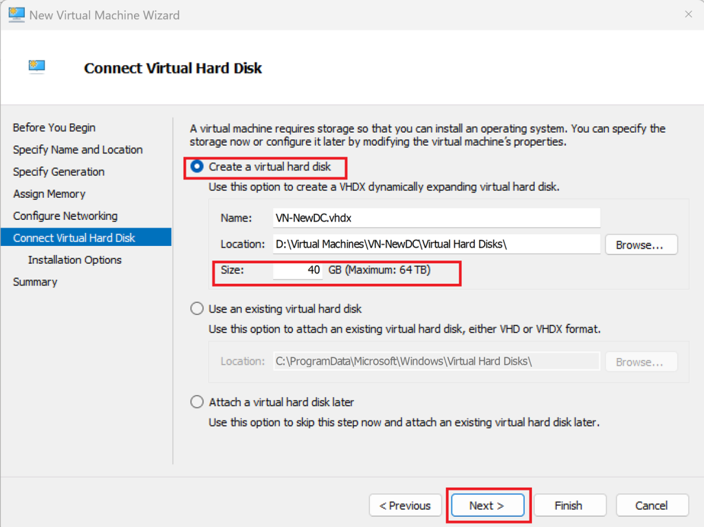 Screenshot: Create a new virtual hard disk (e.g., 40GB or above )