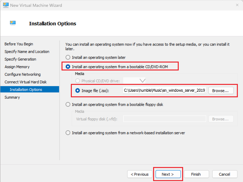 Screenshot: Install an operating system (OS), choose a Windows Server ISO