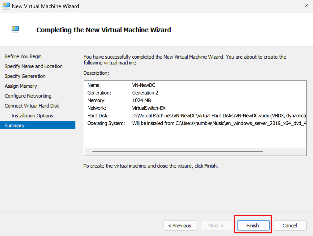 Screenshot: Check the summary, and select Finish