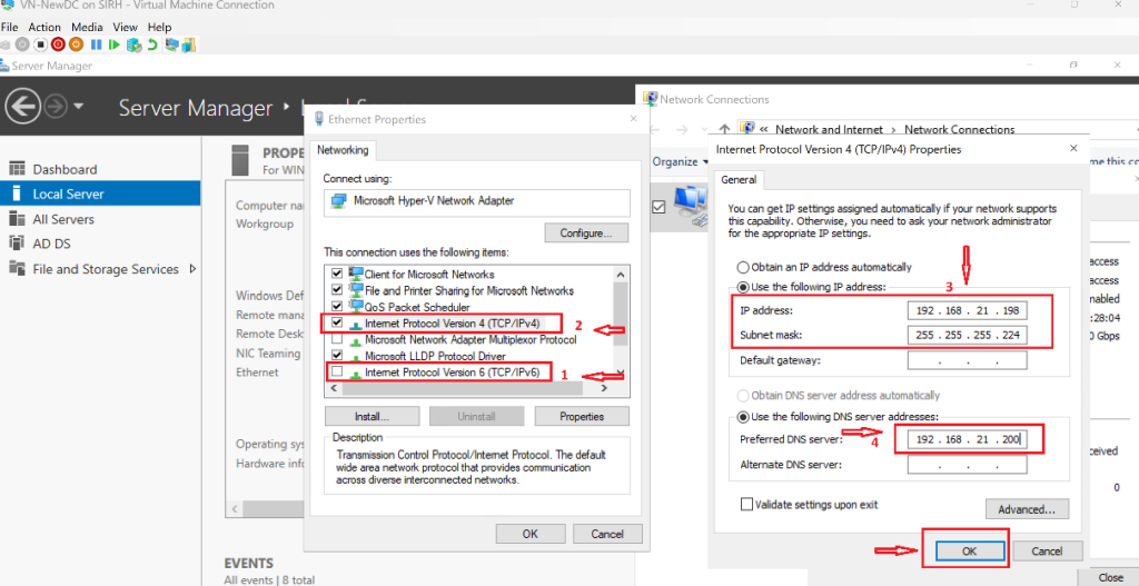 Screenshot: IPv4 properties dialog with a static IP address, subnet mask, and preferred DNS server configured