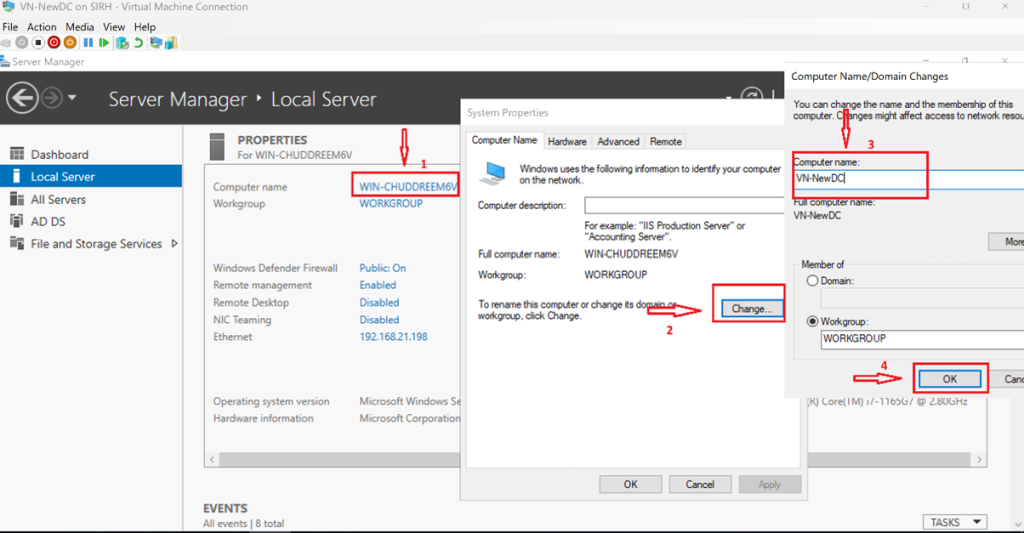 Screenshot: Rename the server, and reboot when prompted