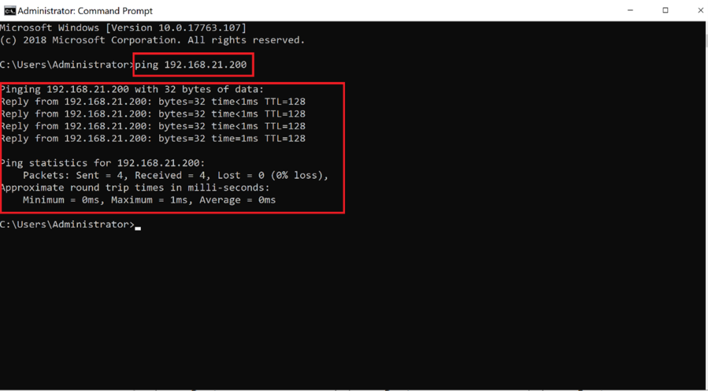 Screenshot: Ping the Primary DC to check the traffic, if they can communicate