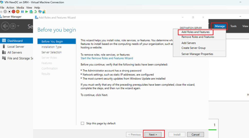 Screenshot: Open Server Manager → Add Roles and Features