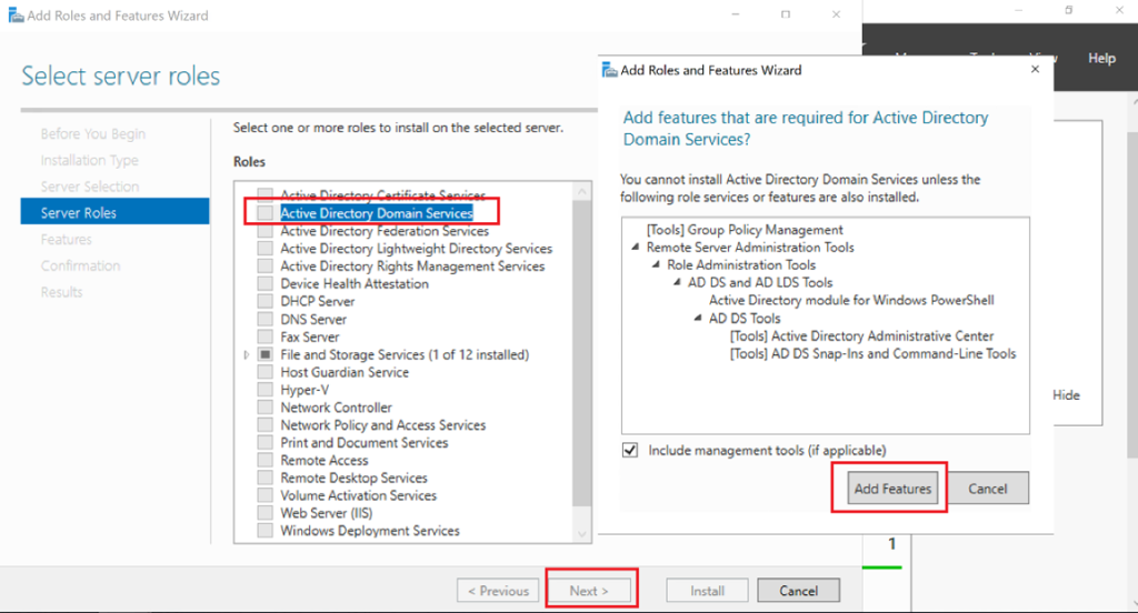 Screenshot: Select Active Directory Domain Services → Next → Next → Install