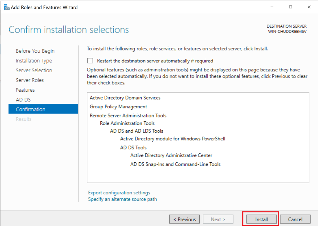 Screenshot: Select Active Directory Domain Services → Next → Next → Install (screenshot 2)